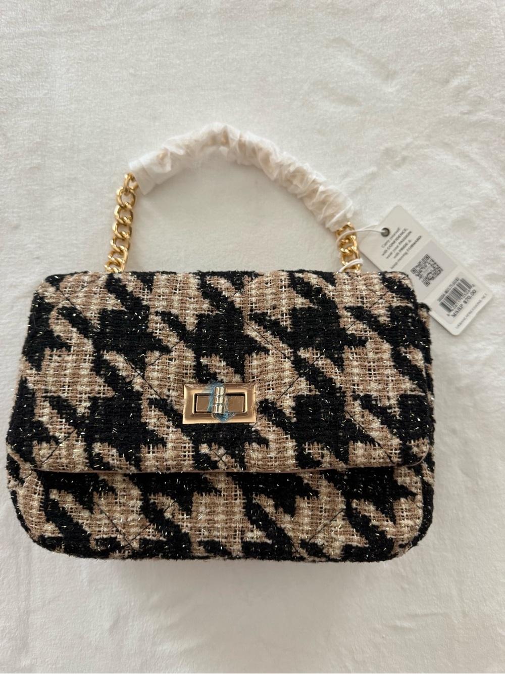 NWT Urban Exoressions Tweed Houndstooth Top-Handle Bag in Black and Cream